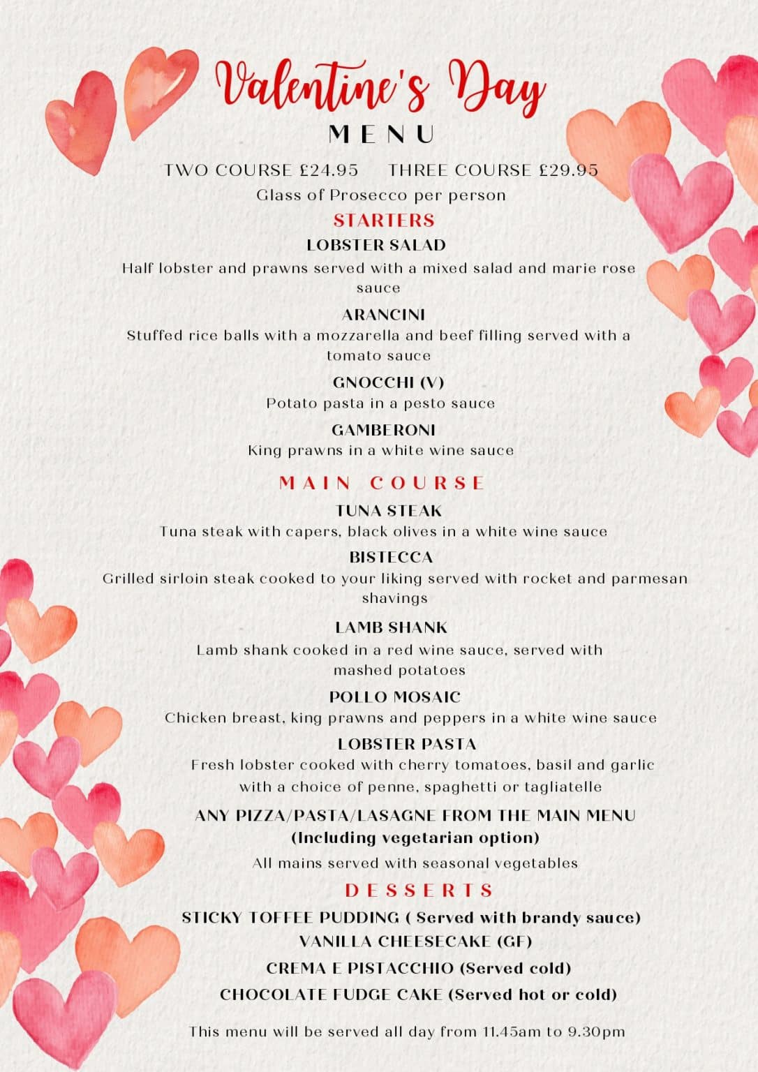 Valentine's Day Menu 2025 - Rustico Italian restaurant Wakefield